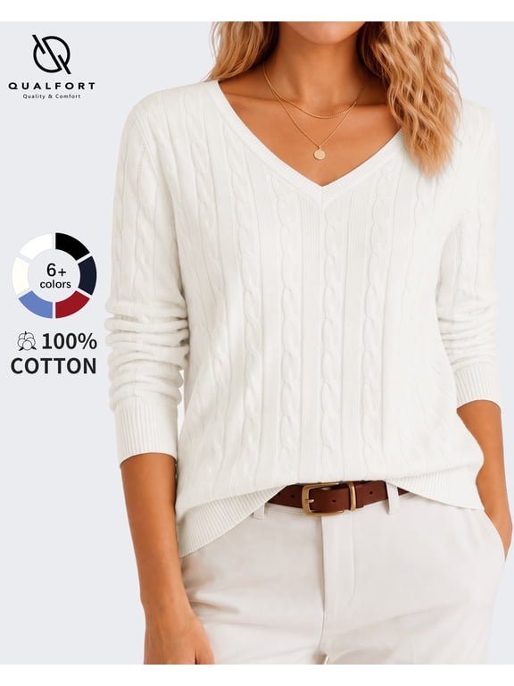 Women's 100% Cotton V-Neck Cable Knit Sweater, Lightweight Long Sleeve Pullover Sweater for Women, Off-White L