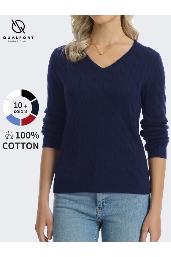 Women's 100% Cotton V-Neck Cable Knit Sweater, Lightweight Long Sleeve Pullover Sweater for Women, Navy L