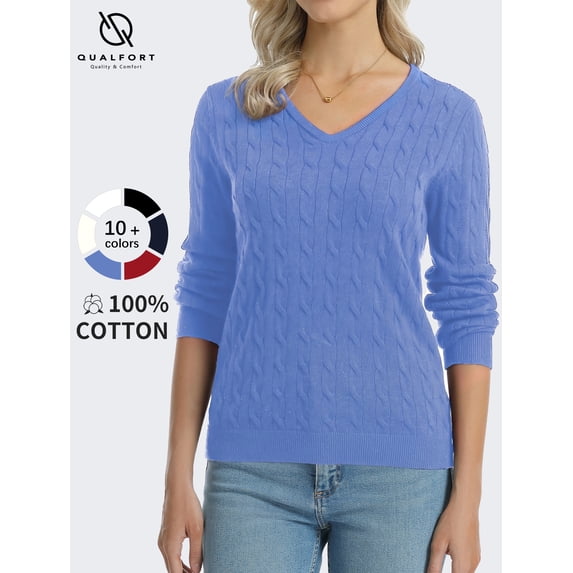 QUALFORT Women's 100% Cotton V-Neck Cable Knit Sweater, Lightweight Long Sleeve Pullover Sweater for Women, Blue L