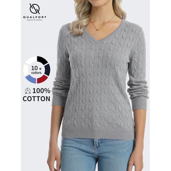 QUALFORT Women's 100% Cotton V-Neck Cable Knit Sweater, Lightweight Long Sleeve Pullover Sweater for Women, Gray M