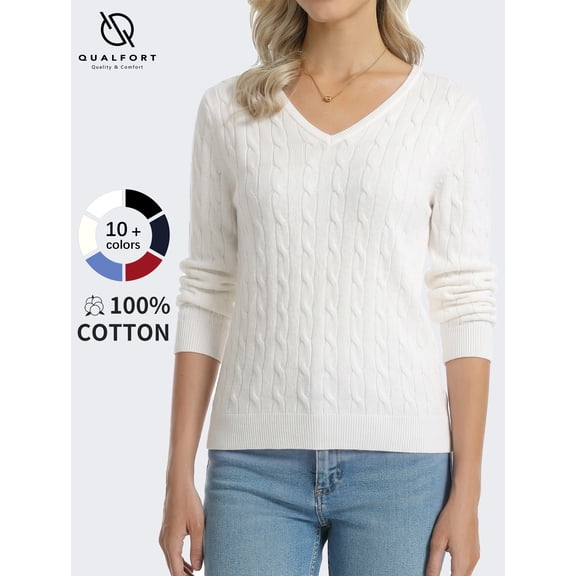 QUALFORT Women's 100% Cotton V-Neck Cable Knit Sweater, Lightweight Long Sleeve Pullover Sweater for Women, Off-White L