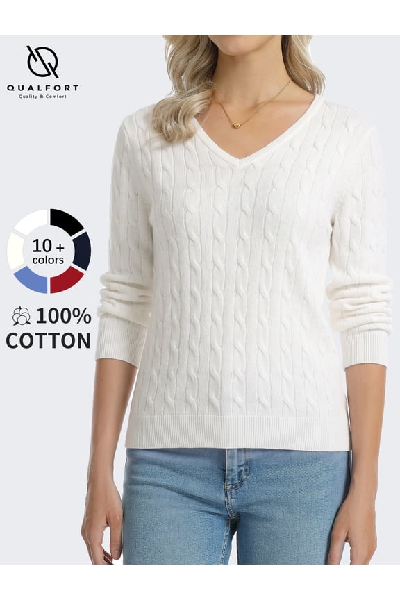 Women's 100% Cotton V-Neck Cable Knit Sweater, Lightweight Long Sleeve Pullover Sweater for Women, Off-White L