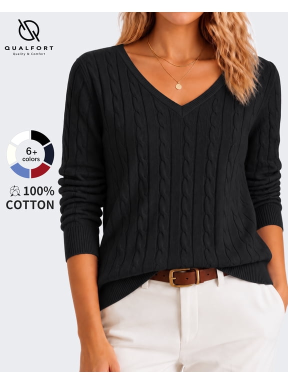 Women's 100% Cotton V-Neck Cable Knit Sweater, Lightweight Long Sleeve Pullover Sweater for Women, Black XL