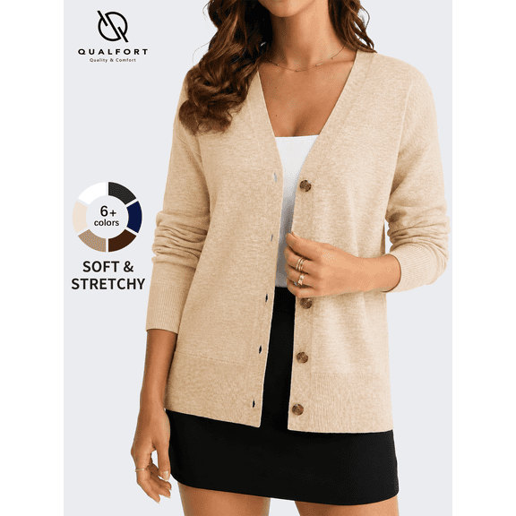 QUALFORT Women's V-Neck Button-Down Cardigan Sweater, Midweight Knit, Almond, S