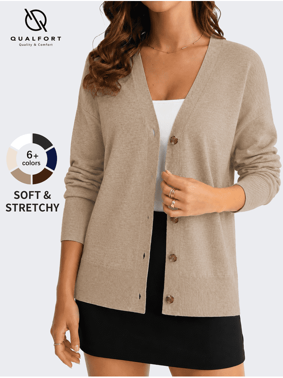 Women's V-Neck Button-Down Cardigan Sweater, Midweight Knit, Light Camel, XXL