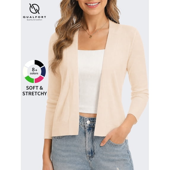 QUALFORT Women's 3/4 Sleeve Cropped Cardigan Sweater, Open Front Shrug, Beige, Size XXL