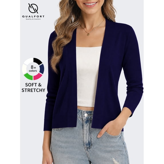 QUALFORT Women's 3/4 Sleeve Cropped Cardigan Sweater, Open Front Shrug, Navy, Size L