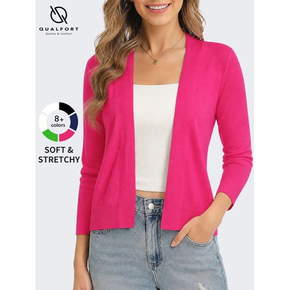 QUALFORT Women's 3/4 Sleeve Cropped Cardigan Sweater, Open Front Shrug, Rose, Size S