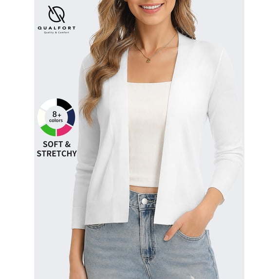 QUALFORT Women's 3/4 Sleeve Cropped Cardigan Sweater, Open Front Shrug, White, Size M