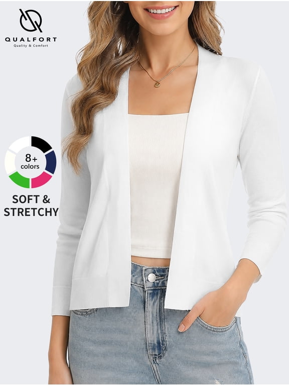 Women's 3/4 Sleeve Cropped Cardigan Sweater, Open Front Shrug, White, Size M