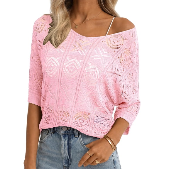 QUALFORT Womens Summer Scoop Neck Short Sleeve Sweater Casual Crochet Hollow Out Knit Tops Pullover Shirts Beach Coverup