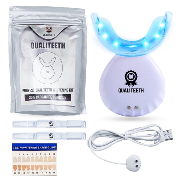 QUALITEETH Teeth Whitening Kit for Purely White Deluxe Teeth | Tooth Whitening Kit with LED Light | 2 Teeth Whitening Pens, LED Mouthpiece | 35% Carbamide Peroxide Whitening Gel | Professional Oral Be