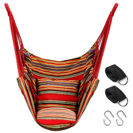 QUANFENG QF Hanging Hammock Chair with 2 Cushions Porch Swing Support 330 lbs (Red)