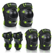 QUANFENG QF Kids Knee Pads and Elbow Pads with Wrist Guards 3 in 1 Protective Gear Set for Children Outdoor Activities, Black + Green