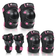 QUANFENG QF Kids Knee Pads and Elbow Pads with Wrist Guards 3 in 1 Protective Gear Set for Children Outdoor Activities, Black + Pink