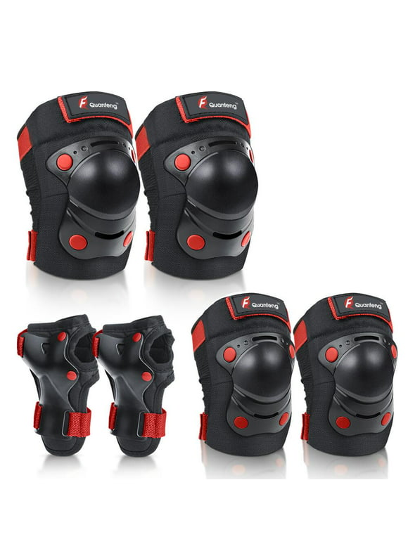 QUANFENG QF Kids Knee Pads and Elbow Pads with Wrist Guards 3 in 1 Protective Gear Set for Children Outdoor Activities, Black + Red