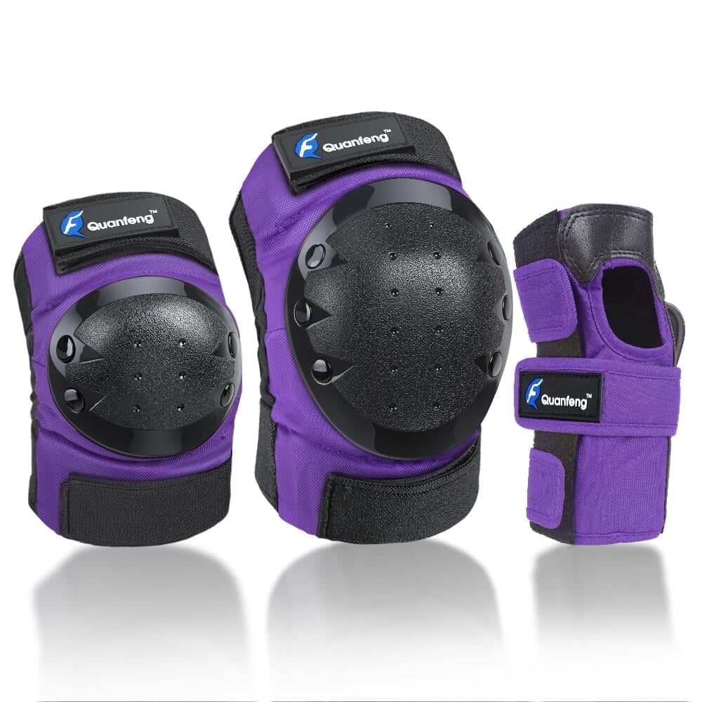 QUANFENG QF Knee Pads Elbow Pads and Wrist Guards 6 Pieces Cycling Skateboarding Protective Gear Set for Kids, Tween (Purple)