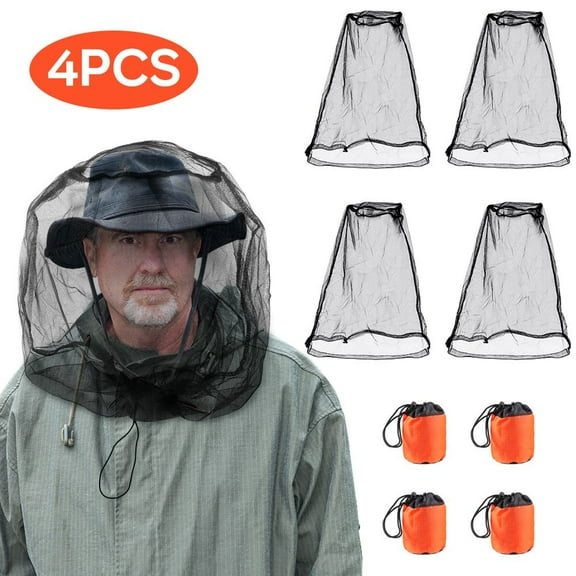 QUANFENG QF Mosquito Head Net Mesh with Drawstring - Set of 4 Bug Head Nets with Storage Pouches