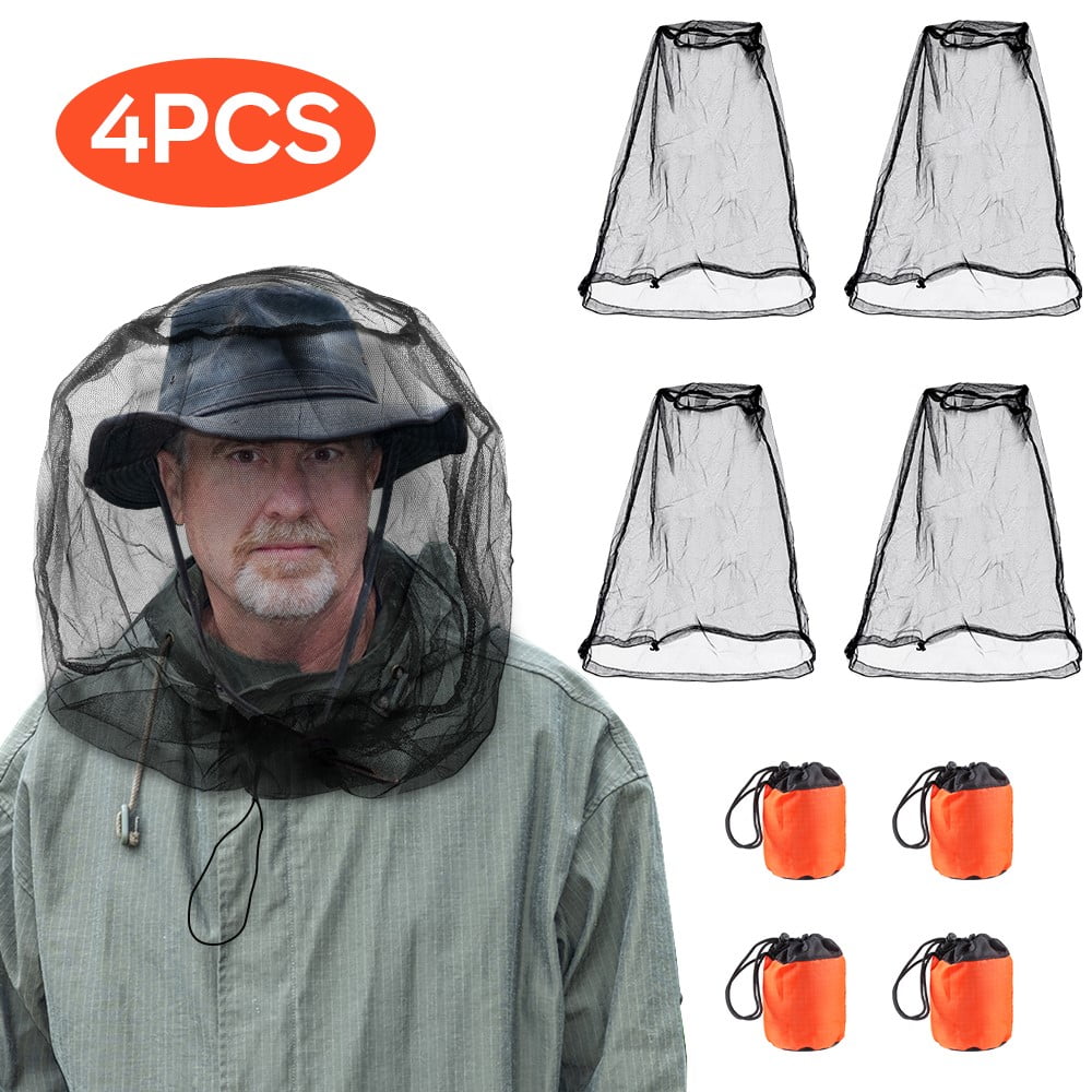 QUANFENG QF Mosquito Head Net Mesh with Drawstring - Set of 4 Bug Head Nets with Storage Pouches