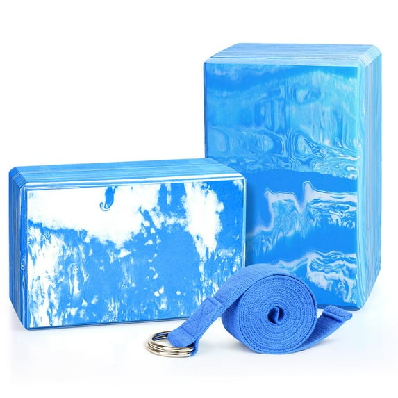 QUANFENG QF Yoga Blocks 2 Pack Plus Yoga Strap with Metal D-Ring for Yoga Pilates Fitness & Gym (Blue, 9"x6"x4" )