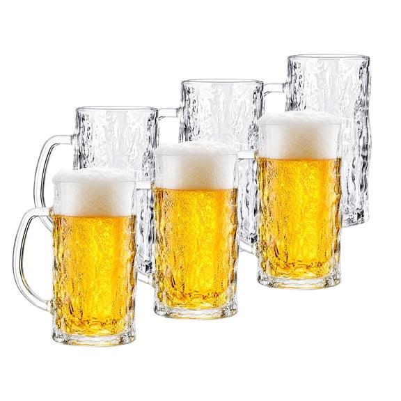 QUANSHANGJU Set of 6 Vertical Striped Glass Beer Mugs, 17 Oz Clear Cold Drink Cups, Freezer & Dishwasher Safe