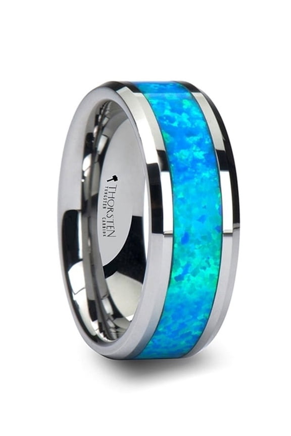 QUASAR Tungsten Wedding Band Blue Green Opal Inlay