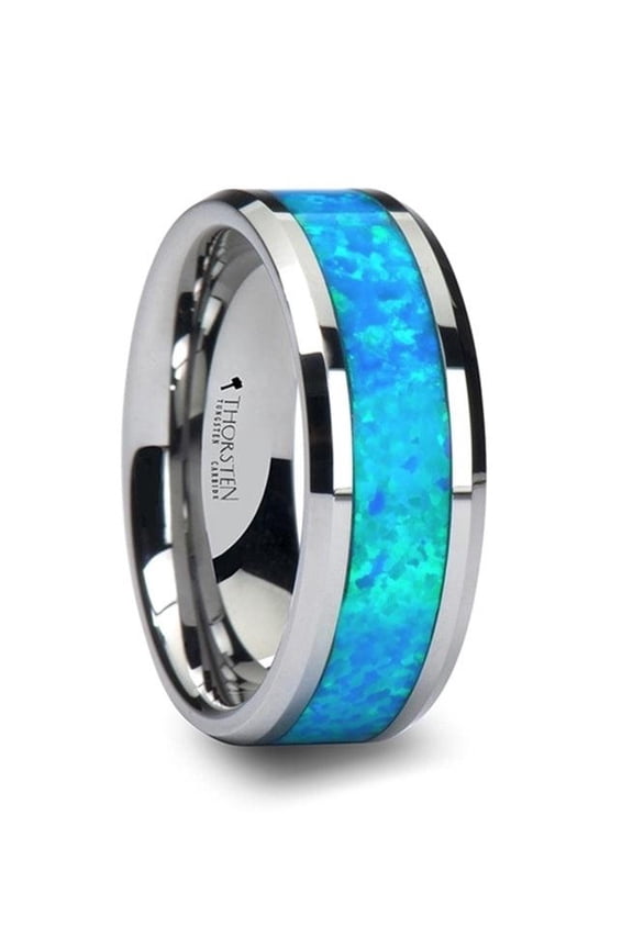 QUASAR Tungsten Wedding Band with Blue Green Opal Inlay-8mm