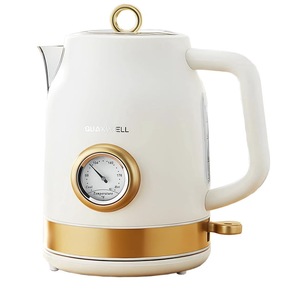 QUAXWELL Retro Electric Kettle, 1.7L 304 Stainless Steel Tea Kettle, 1500W, White and Gold