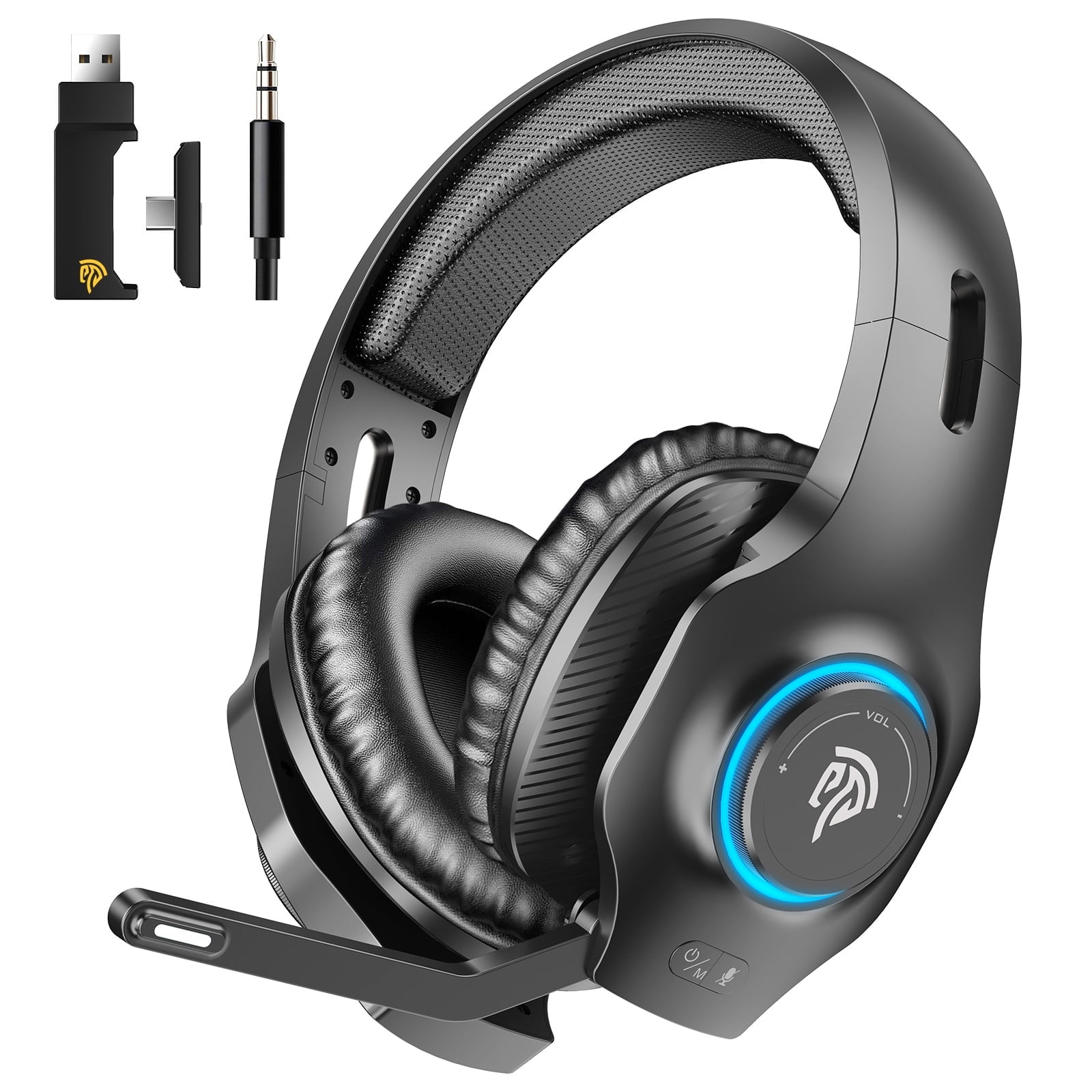 QUCOPR 2.4G USB Wireless Gaming Headset with Microphone for PC PS5 PS4 Switch IOS, Bluetooth 5.3 Gaming Headphone with RGB Lights,Wired Mode for Xbox Series