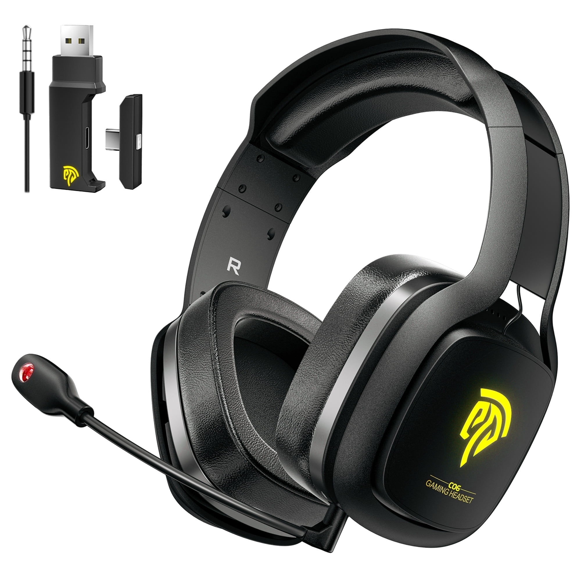 QUCOPRE 2.4G Wireless PC Gaming Headset with Detachable Microphone for Desktop PS5 PS4 Switch Video Game Laptop PlayStation, Bluetooth Over Ear Headphones with RGB Light, 3 Connection Modes