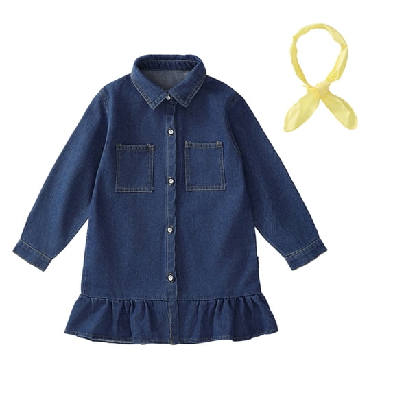 QUDDERR 1-7Y Girls Denim Jean Dresses Long Sleeve Dresses Ruffled Button Shirt Dress for Kids Toddler Baby