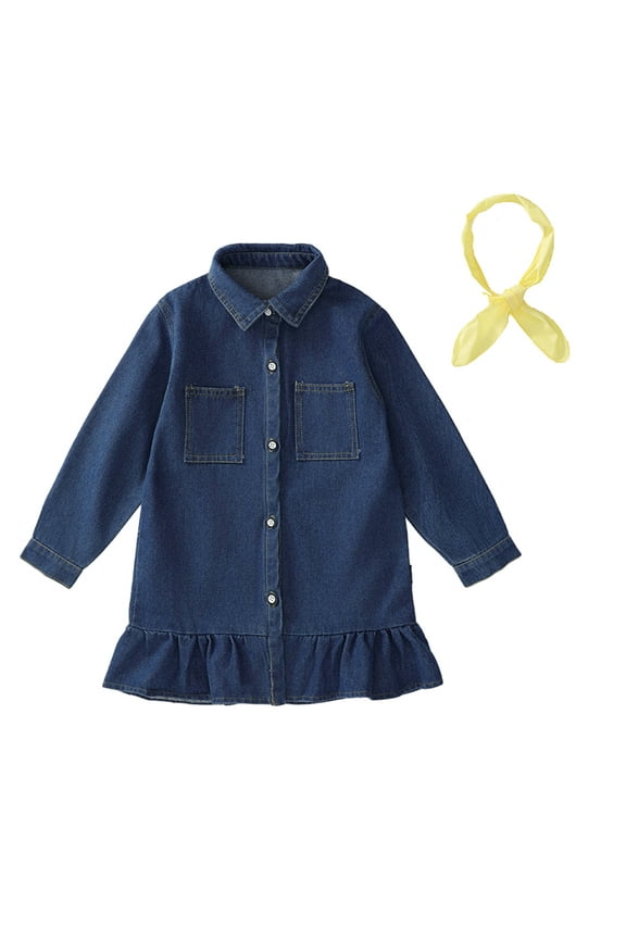 1-7Y Girls Denim Jean Dresses Long Sleeve Dresses Ruffled Button Shirt Dress for Kids Toddler Baby
