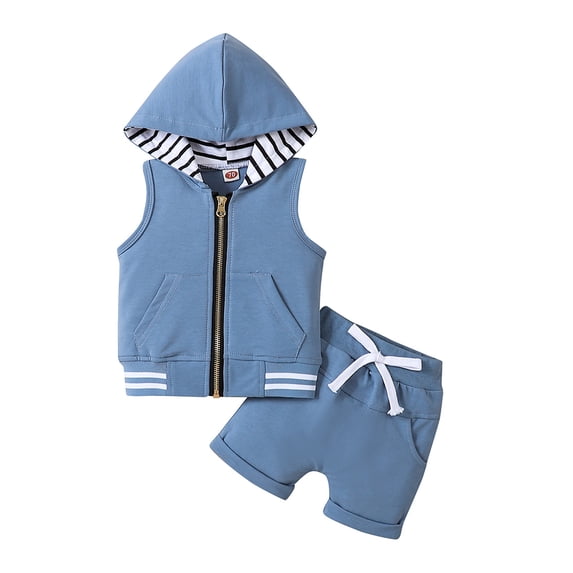 QUDDERR 3M-3Y Boys Zip-Up Shirt 2PCS Outfits for Baby Toddler Sleeveless Hooded Tank Tops + Solid Colour Shorts Sports Set