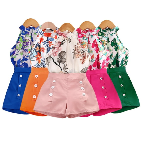 QUDDERR 4-7 Years Girls Printed Vest Tops Shirts + Shorts Pant 2PCS Set for Kids Toddler Summer Sleeveless Clothes 2 Piece Outfits