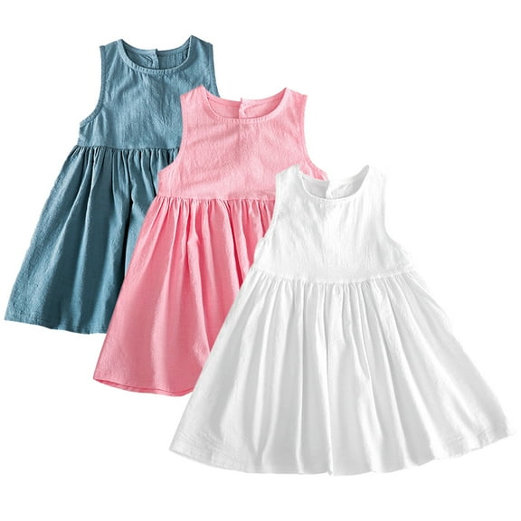 QUDDERR Girls Cotton Linen Dresses Ruffle Sleeve Dress Halter Sleeveless Kids Casual Solid Color Dresses for Toddler Baby Kids 2-6Years