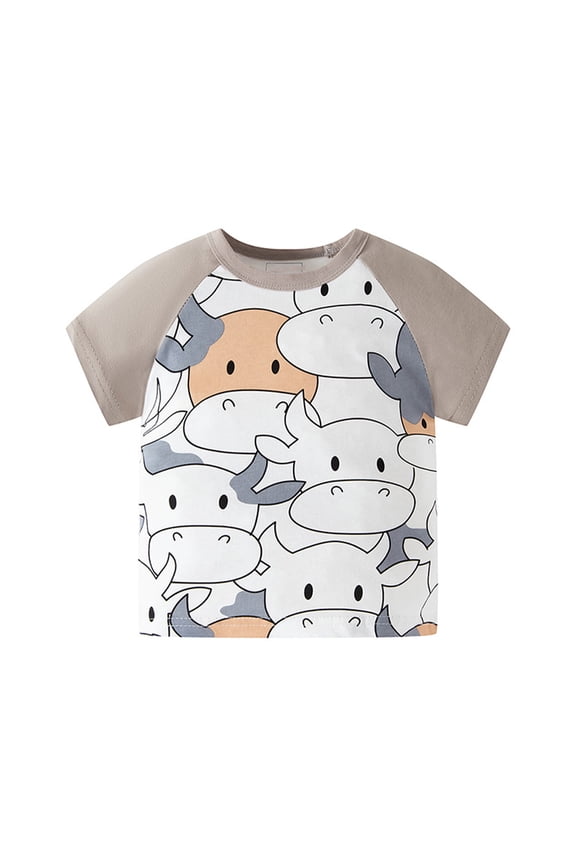 Kids Cotton T-Shirts Tops Toddler Summer Crewneck Tees Pullover Bottoming Baby Boys Print Cow Cartoon Short-Sleeved Shirts for Boys Girls 1-8Years