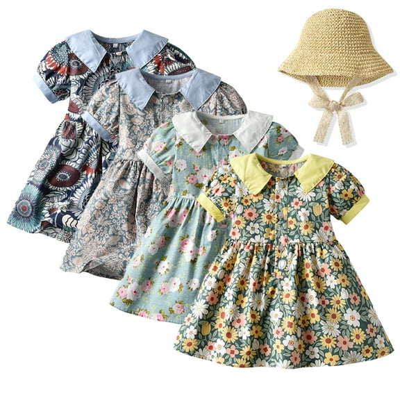 QUDDERR Little Girls Printed Dresses 3M-4Y Toddler Lapel Flower Short Sleeve Dresses Baby Summer Cotton Casual Swing Sundress
