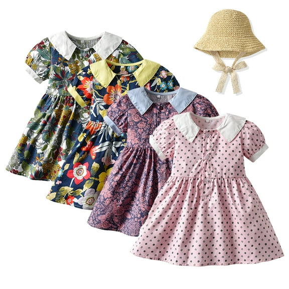 QUDDERR Little Girls Printed Dresses 3M-4Y Toddler Lapel Flower Short Sleeve Dresses Baby Summer Cotton Casual Swing Sundress