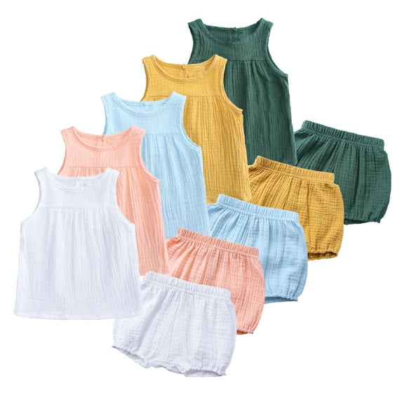 QUDDERR Newborn Baby Boys Girls Vest Shirt Elastic Waist Short Set 2 Piece Toddler Sleeveless Cotton Linen Vest T Shirt Tops Shorts Summer Outfits for 3 Months - 4 Years