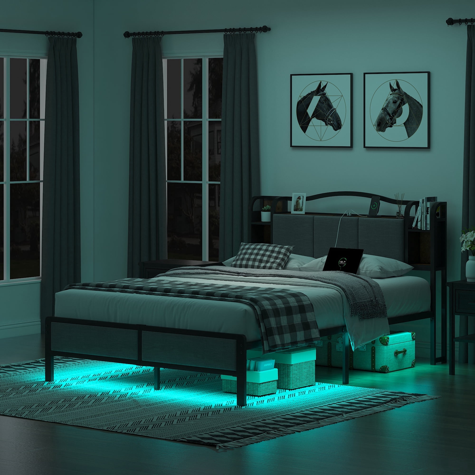 QUEEN 14In Bed Frame with RGB Lights Fabric Upholstered Headboard USB Socket