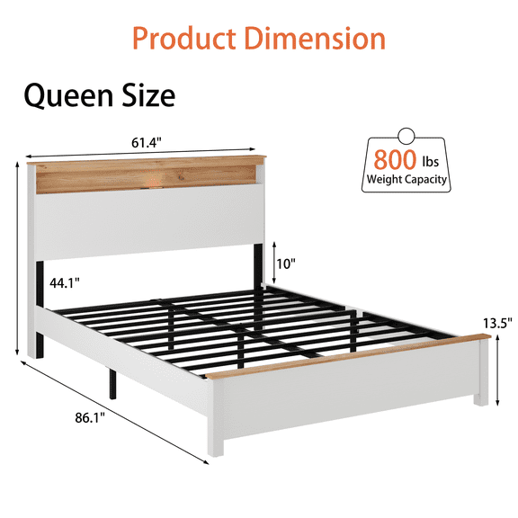 QUEEN BED STAND WITH CHARGING STATION ALL-WOOD BED FRAME: This rustic farmhouse bed frame with storage headboard and built-in charging station is simple to install and easy to operate, classic white