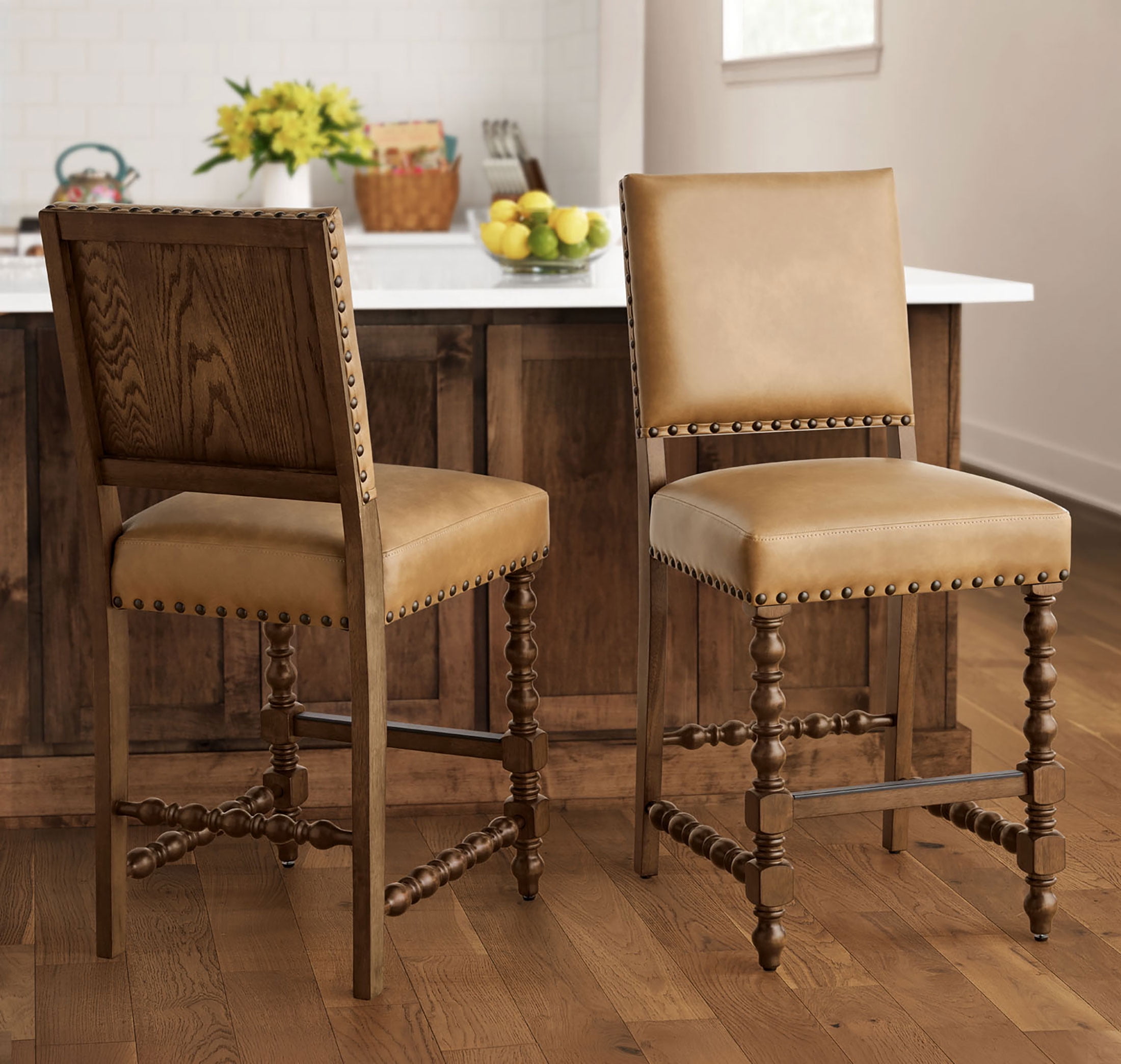 The Pioneer Woman Harper Faux Leather Counter Stools, Set of 2, Tan Fabric Upholstery