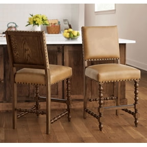The Pioneer Woman Harper Faux Leather Counter Stools, Set of 2, Tan Fabric Upholstery