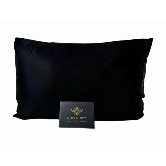 QUEEN BEE SILK - Silk Pillowcase for Hair and Skin - 22 Momme Mulberry Silk - Charmeuse Weave - Envelope Closure - Standard Size - Black C84