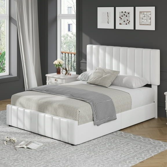 QUEEN Bed Frame, Adjustable Height Headboard, Wooden Slats Support, with 4 Storage Drawers, No Box Spring Needed, Easy to Assembly