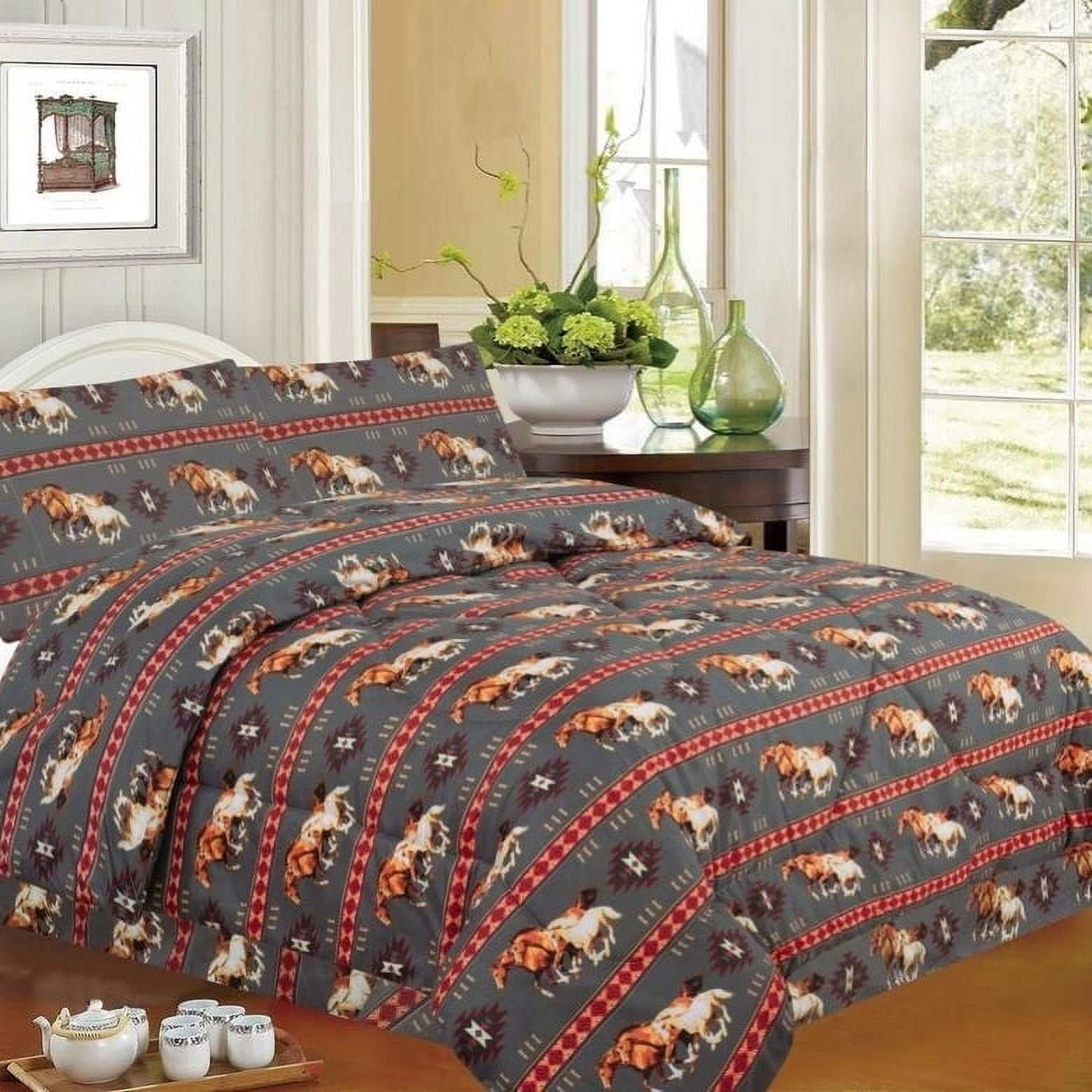 QUEEN COMFORTER 4Pc SET Southwestern Tribal Running Horses Gray