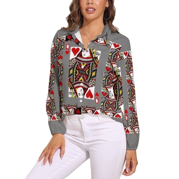 QUEEN OF HEARTS PLAYING CARDS ARTWORK Long Sleeve Blouse Woman Streetwear Casual Shirts Summer Oversize Woman Streetwear Clothing Birthday Present
