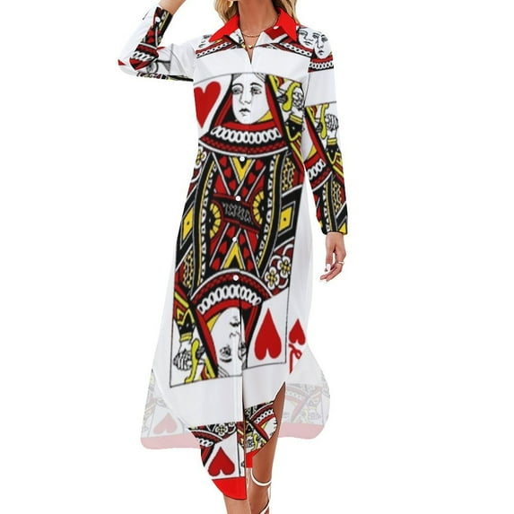 QUEEN OF HEARTS PLAYING CARDS ARTWORK Long Sleeved Shirt Dress beach dress elegant chic women dresses promotion