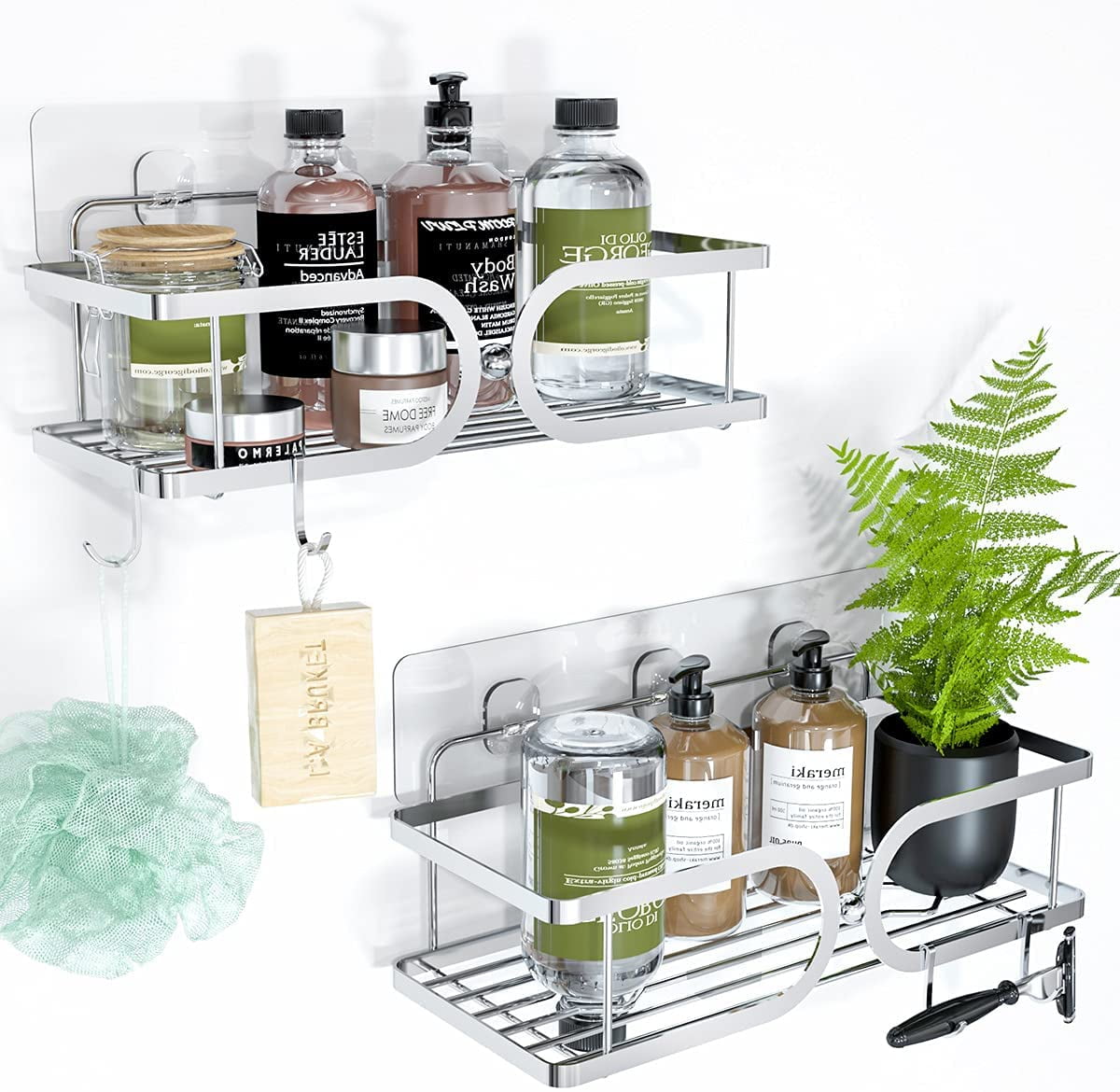 Dyiom Corner Shower Caddy with Shampoo Holder, 2-Pack Shower Organizer Shower Storage Shelf with 11 Hooks in Silver