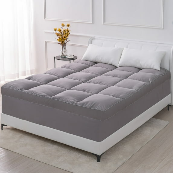 QUEEN ROSE TwinXL Mattress Topper, Extra Thick Cooling Mattress Pad Cover, 400 TC Cotton Pillow Top Protector, 8-21 inch Deep Pocket, Soft Spiral Fiber Pad for Back Pain, Down Alternative Fill, Gray